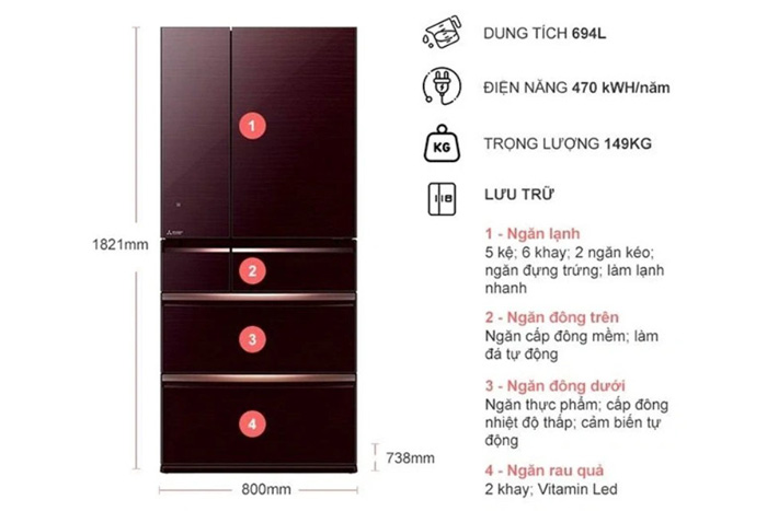 Tủ lạnh Mitsubishi Electric Inverter 694 lít Multi Door MR-WX70C-BR-V